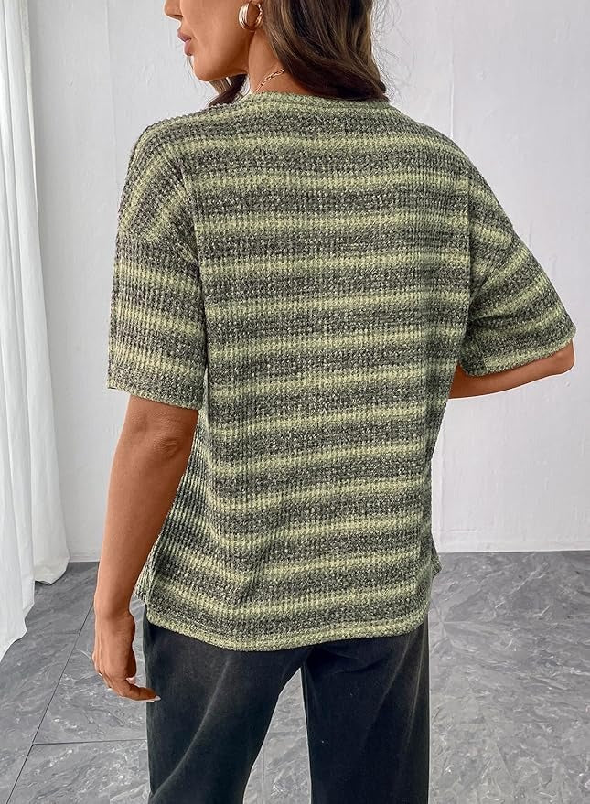 Women Dressy Casual Summer Half Sleeve Waffle Knit Shirts