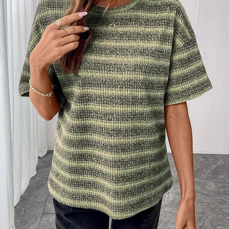 Women Dressy Casual Summer Half Sleeve Waffle Knit Shirts