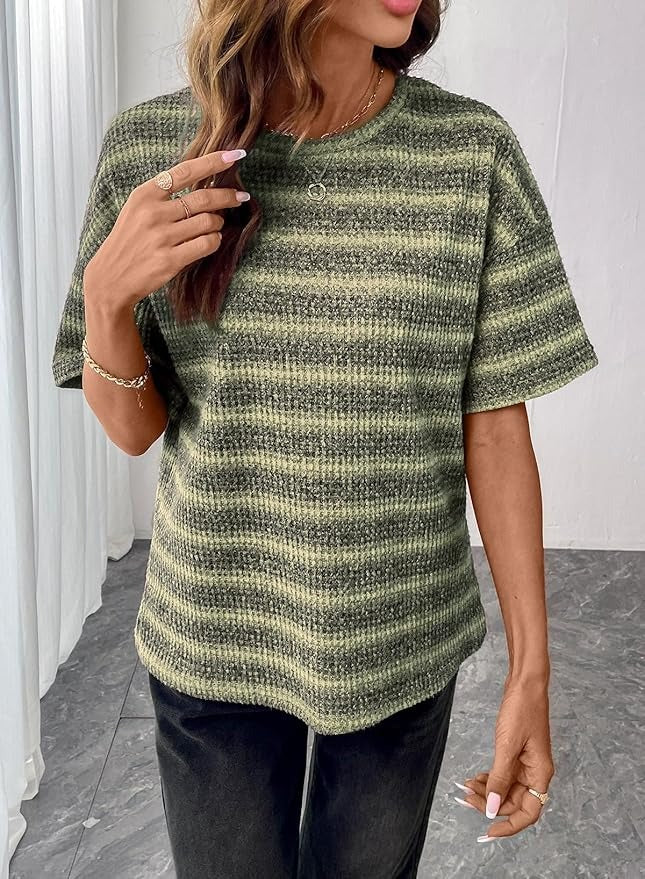 Women Dressy Casual Summer Half Sleeve Waffle Knit Shirts