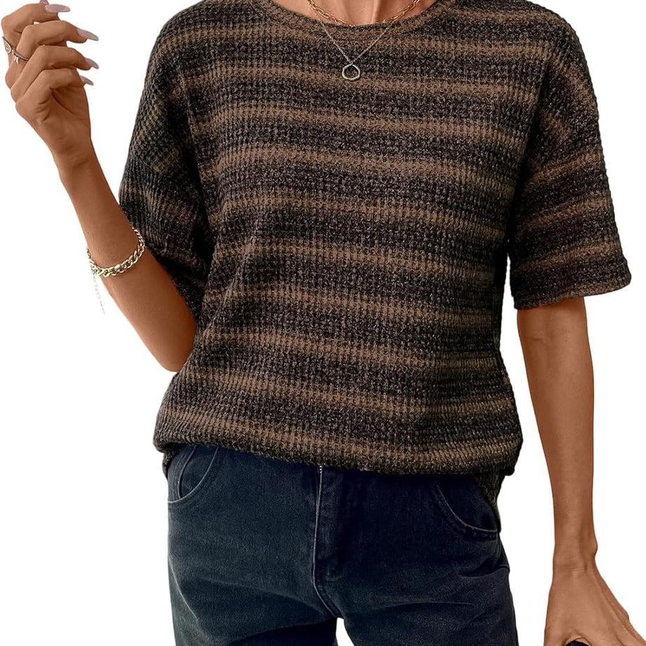 Women Dressy Casual Summer Half Sleeve Waffle Knit Shirts