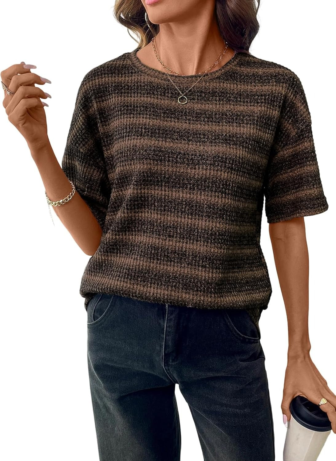Women Dressy Casual Summer Half Sleeve Waffle Knit Shirts