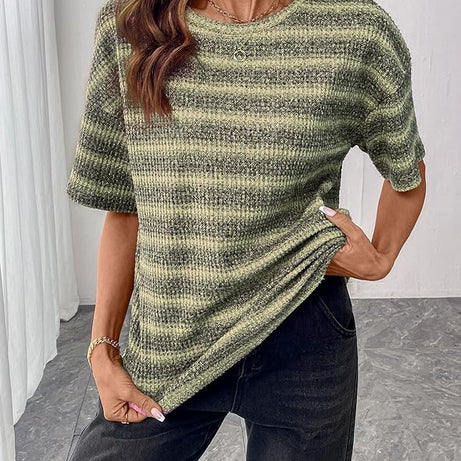 Women Dressy Casual Summer Half Sleeve Waffle Knit Shirts