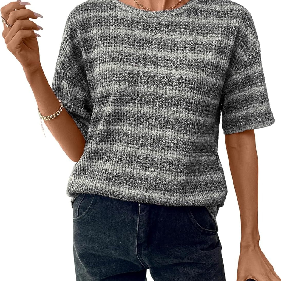 Women Dressy Casual Summer Half Sleeve Waffle Knit Shirts