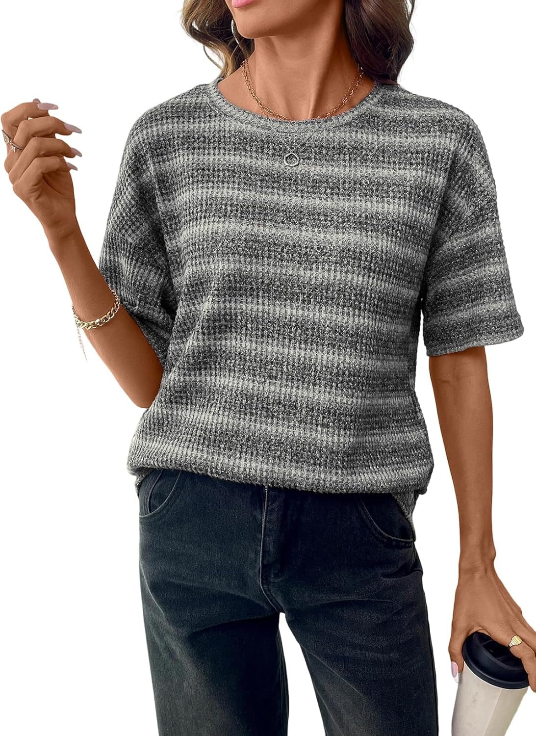 Women Dressy Casual Summer Half Sleeve Waffle Knit Shirts