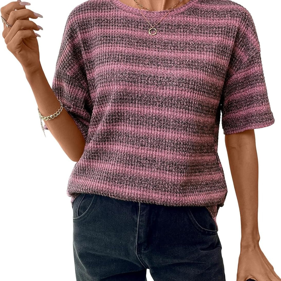 Women Dressy Casual Summer Half Sleeve Waffle Knit Shirts