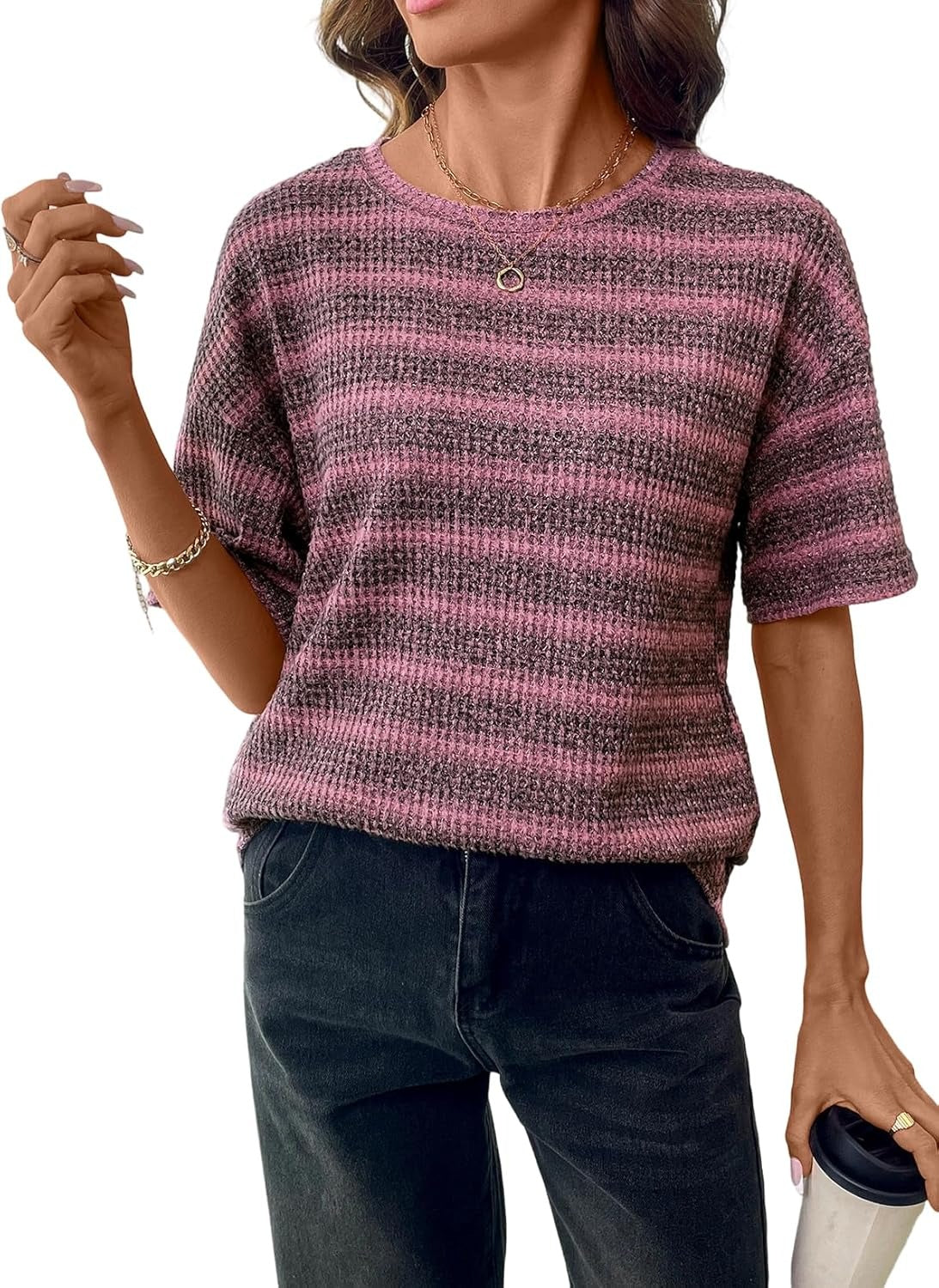 Women Dressy Casual Summer Half Sleeve Waffle Knit Shirts