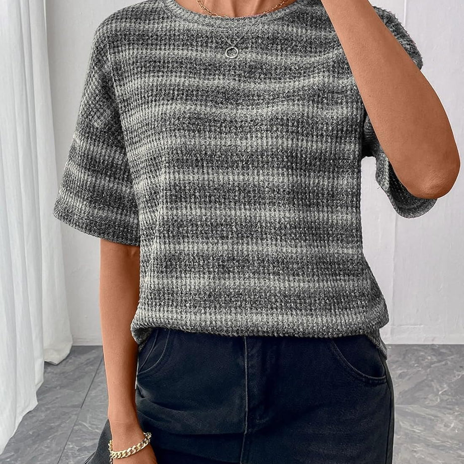 Women Dressy Casual Summer Half Sleeve Waffle Knit Shirts