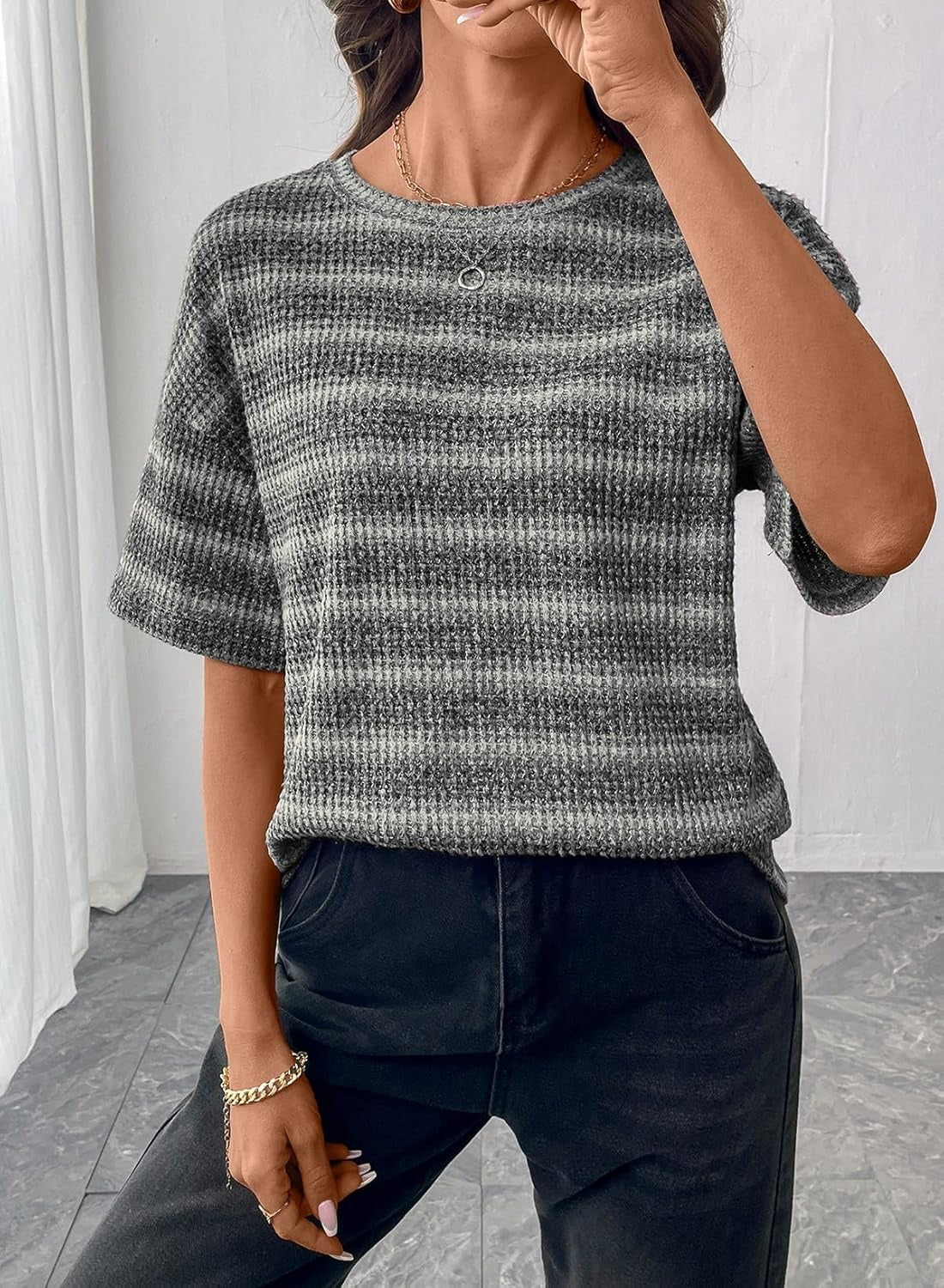 Women Dressy Casual Summer Half Sleeve Waffle Knit Shirts