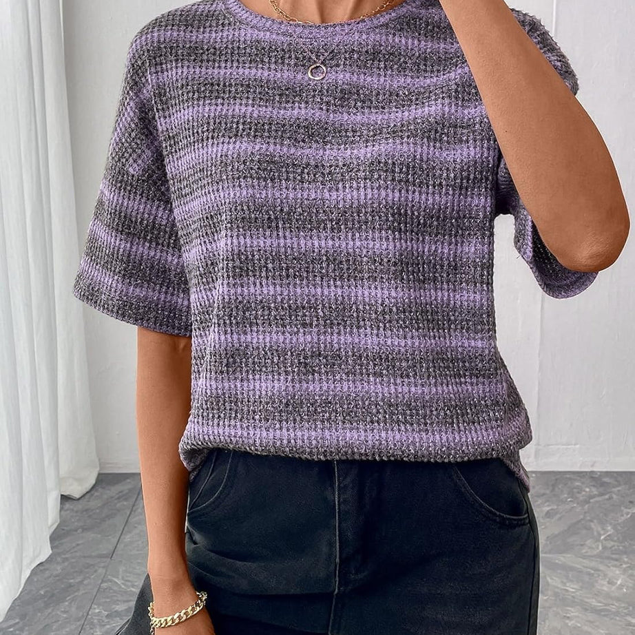 Women Dressy Casual Summer Half Sleeve Waffle Knit Shirts