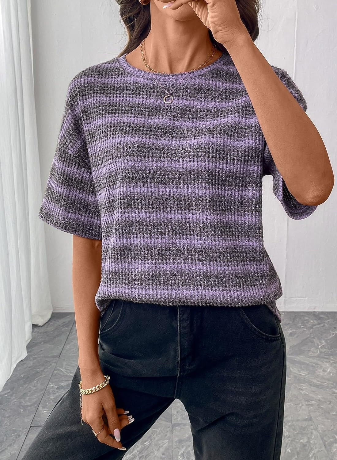 Women Dressy Casual Summer Half Sleeve Waffle Knit Shirts