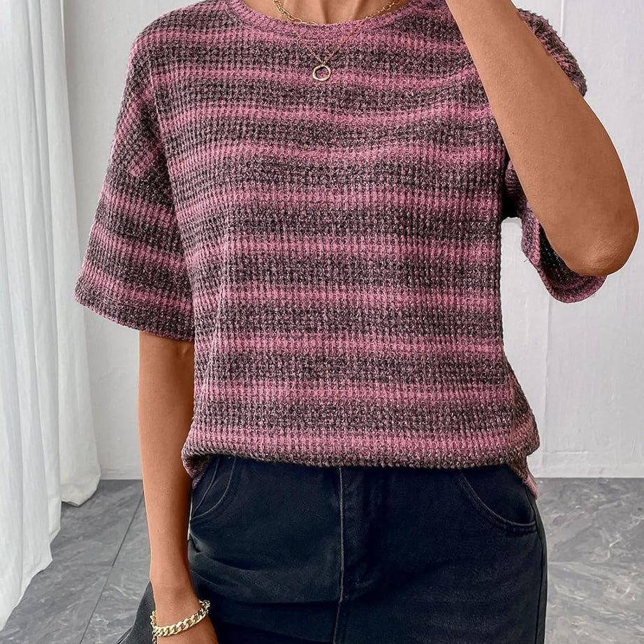 Women Dressy Casual Summer Half Sleeve Waffle Knit Shirts