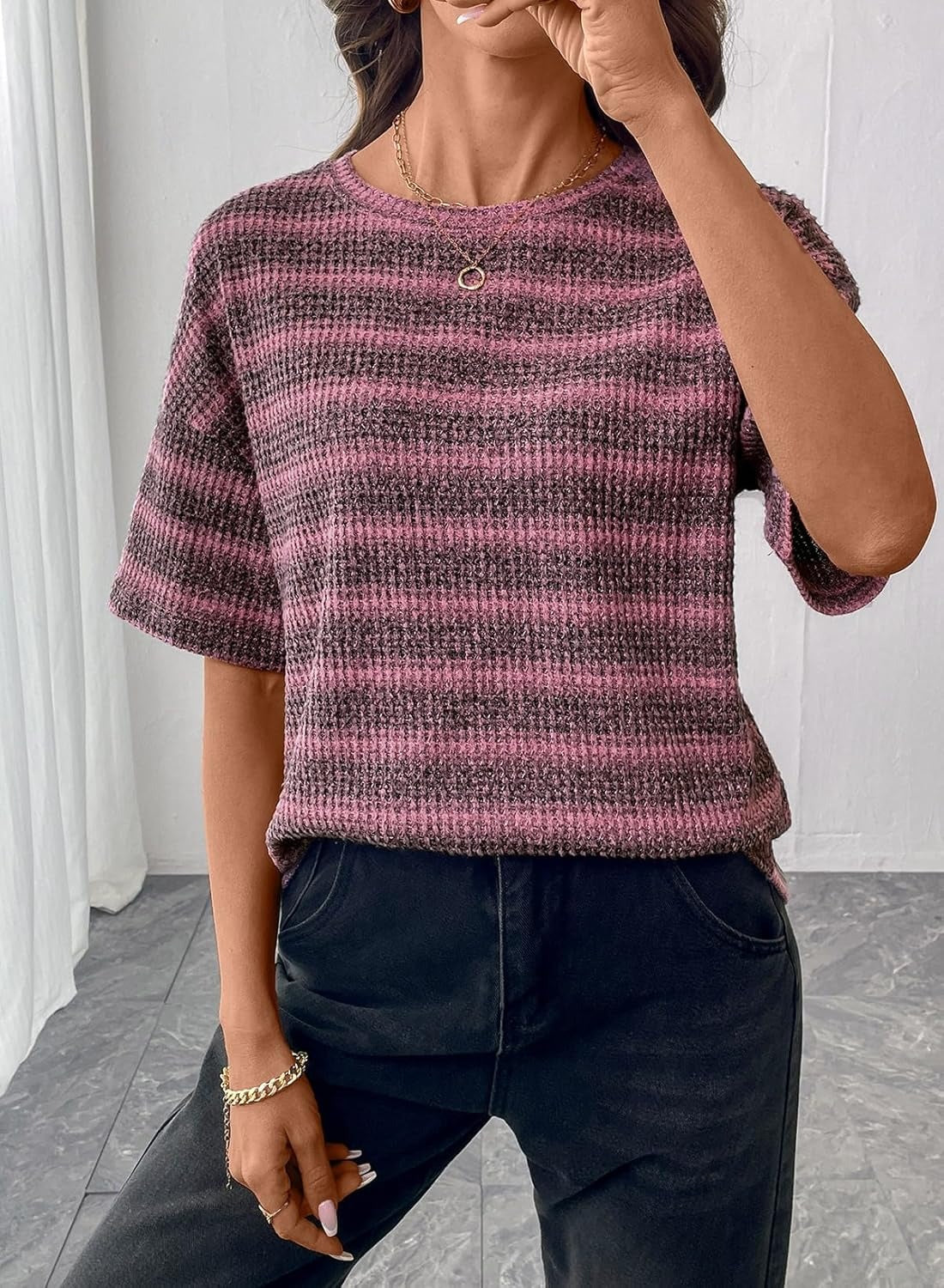 Women Dressy Casual Summer Half Sleeve Waffle Knit Shirts