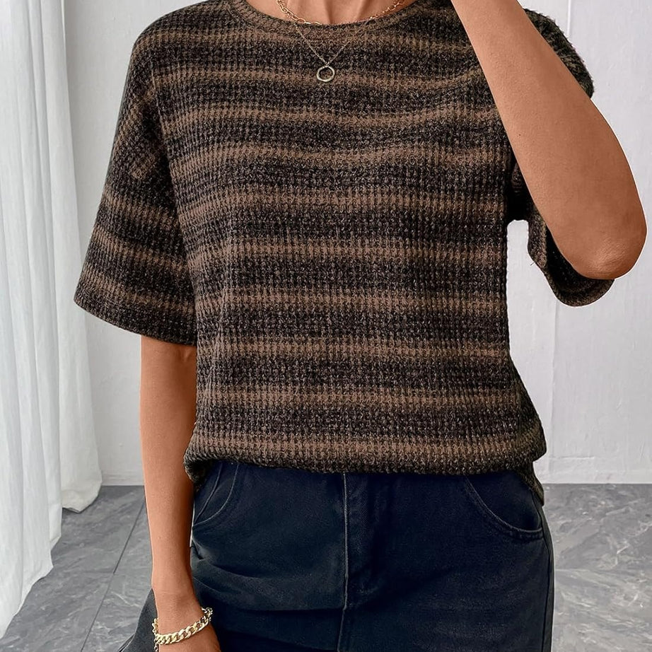 Women Dressy Casual Summer Half Sleeve Waffle Knit Shirts