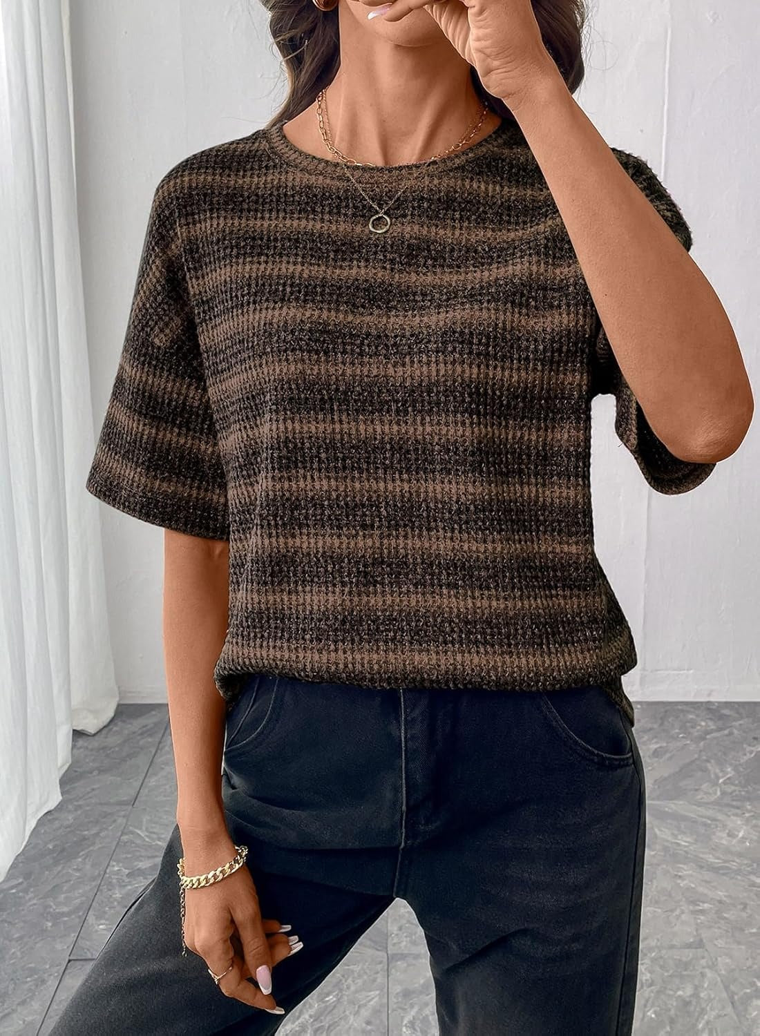 Women Dressy Casual Summer Half Sleeve Waffle Knit Shirts
