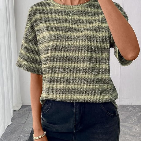 Women Dressy Casual Summer Half Sleeve Waffle Knit Shirts