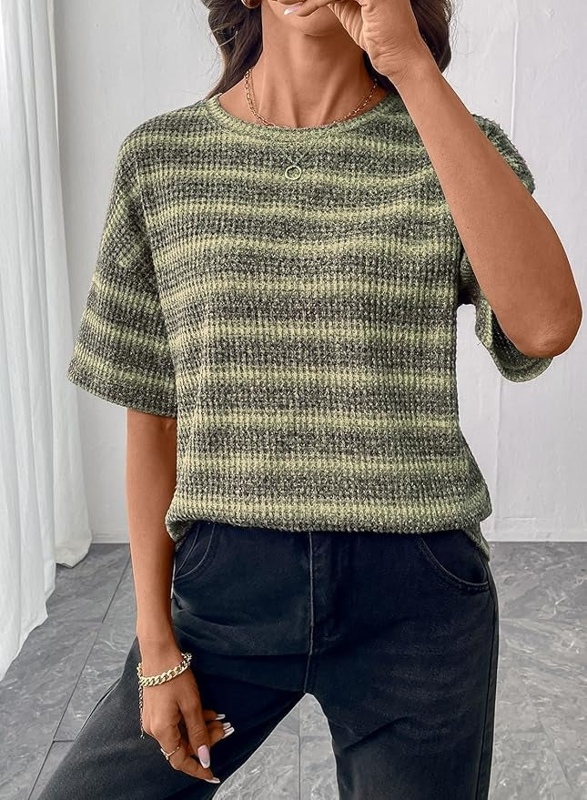 Women Dressy Casual Summer Half Sleeve Waffle Knit Shirts
