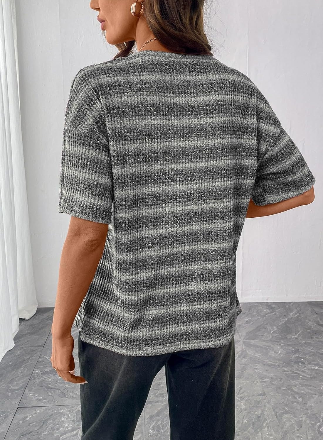 Women Dressy Casual Summer Half Sleeve Waffle Knit Shirts
