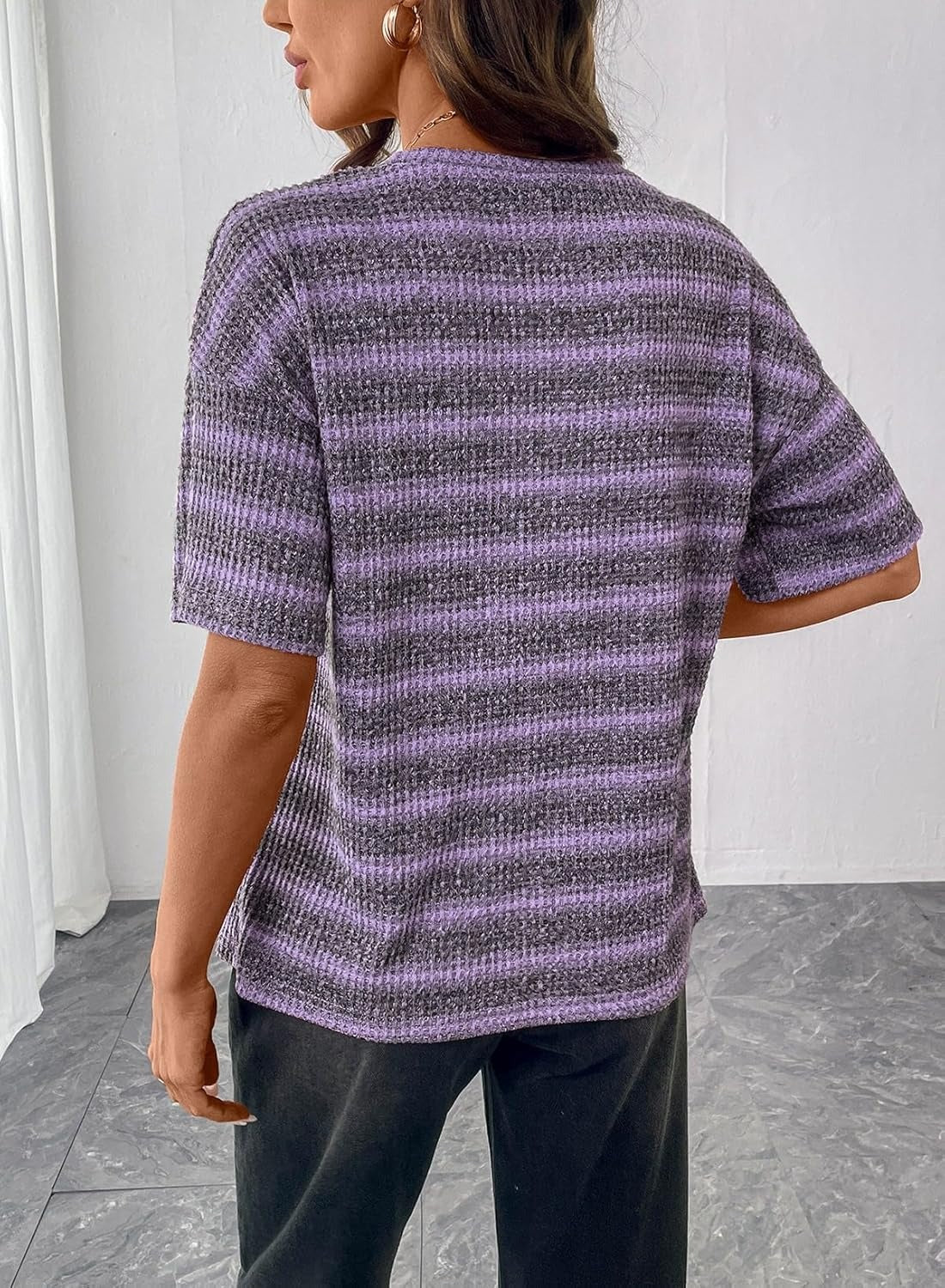 Women Dressy Casual Summer Half Sleeve Waffle Knit Shirts