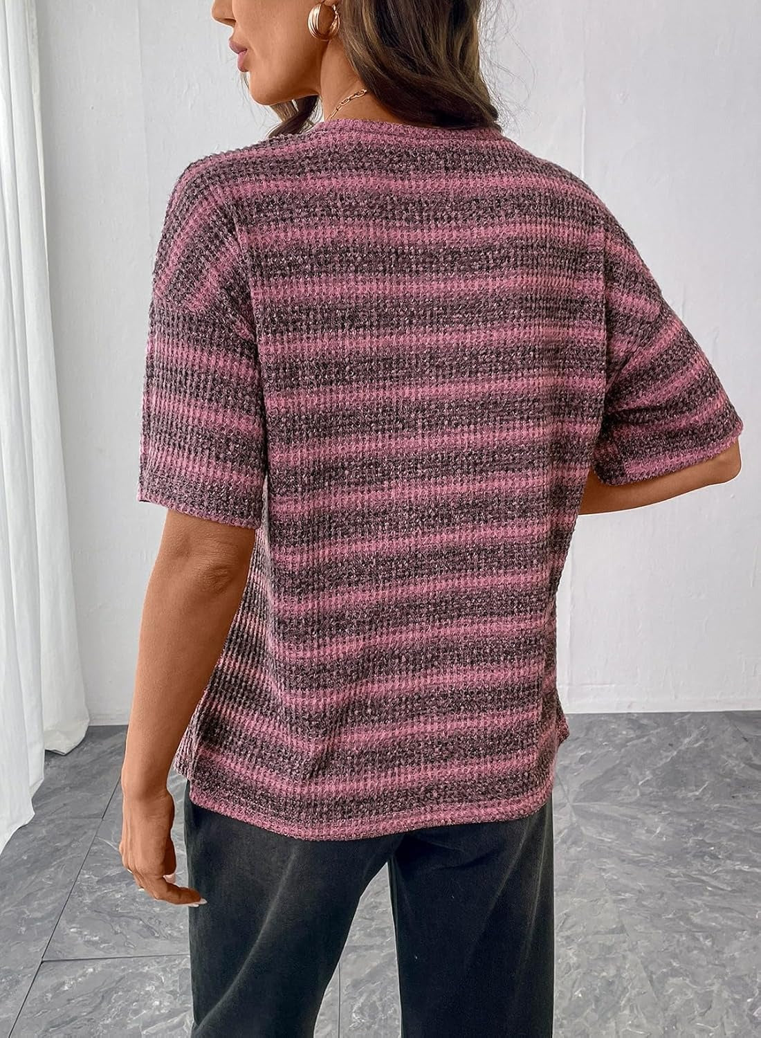 Women Dressy Casual Summer Half Sleeve Waffle Knit Shirts