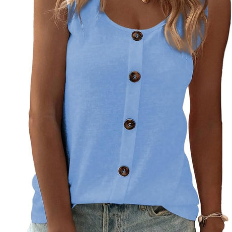 Womens Summer Loose Fit Solid Button Crewneck Sleeveless