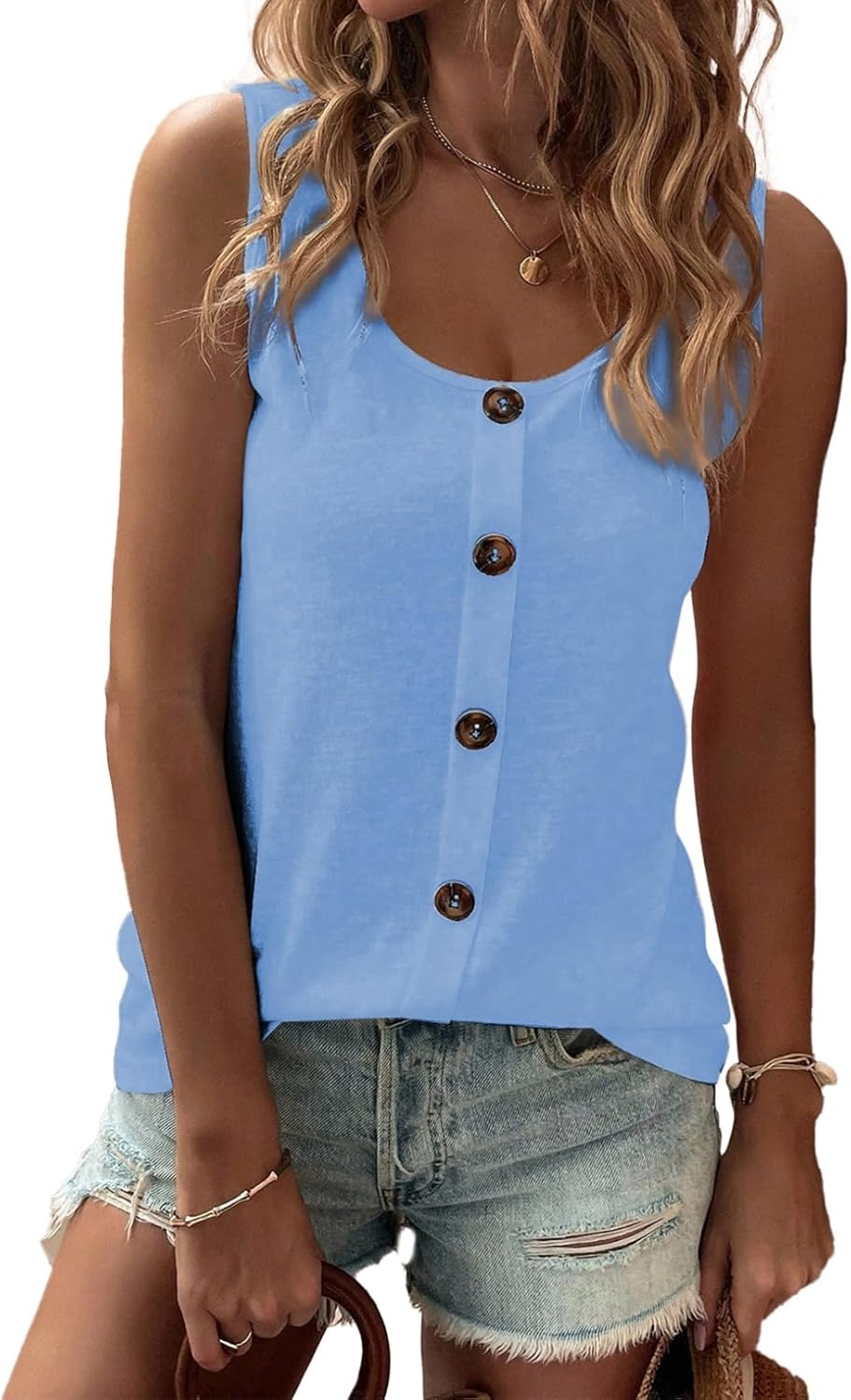 Womens Summer Loose Fit Solid Button Crewneck Sleeveless