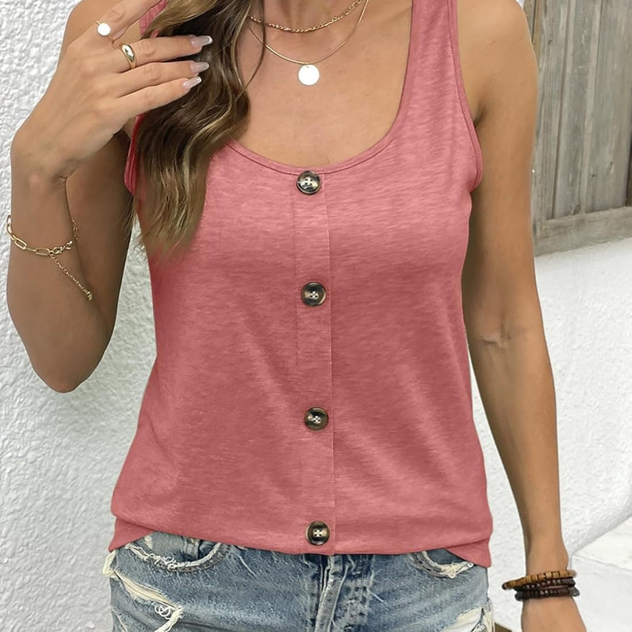 Womens Summer Loose Fit Solid Button Crewneck Sleeveless