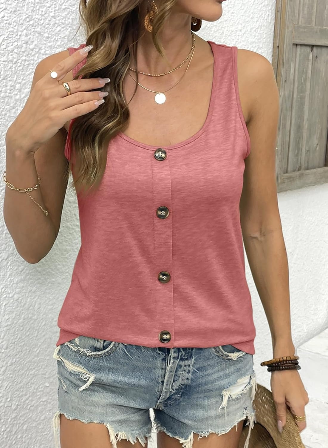 Womens Summer Loose Fit Solid Button Crewneck Sleeveless