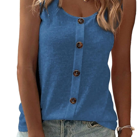 Womens Summer Loose Fit Solid Button Crewneck Sleeveless