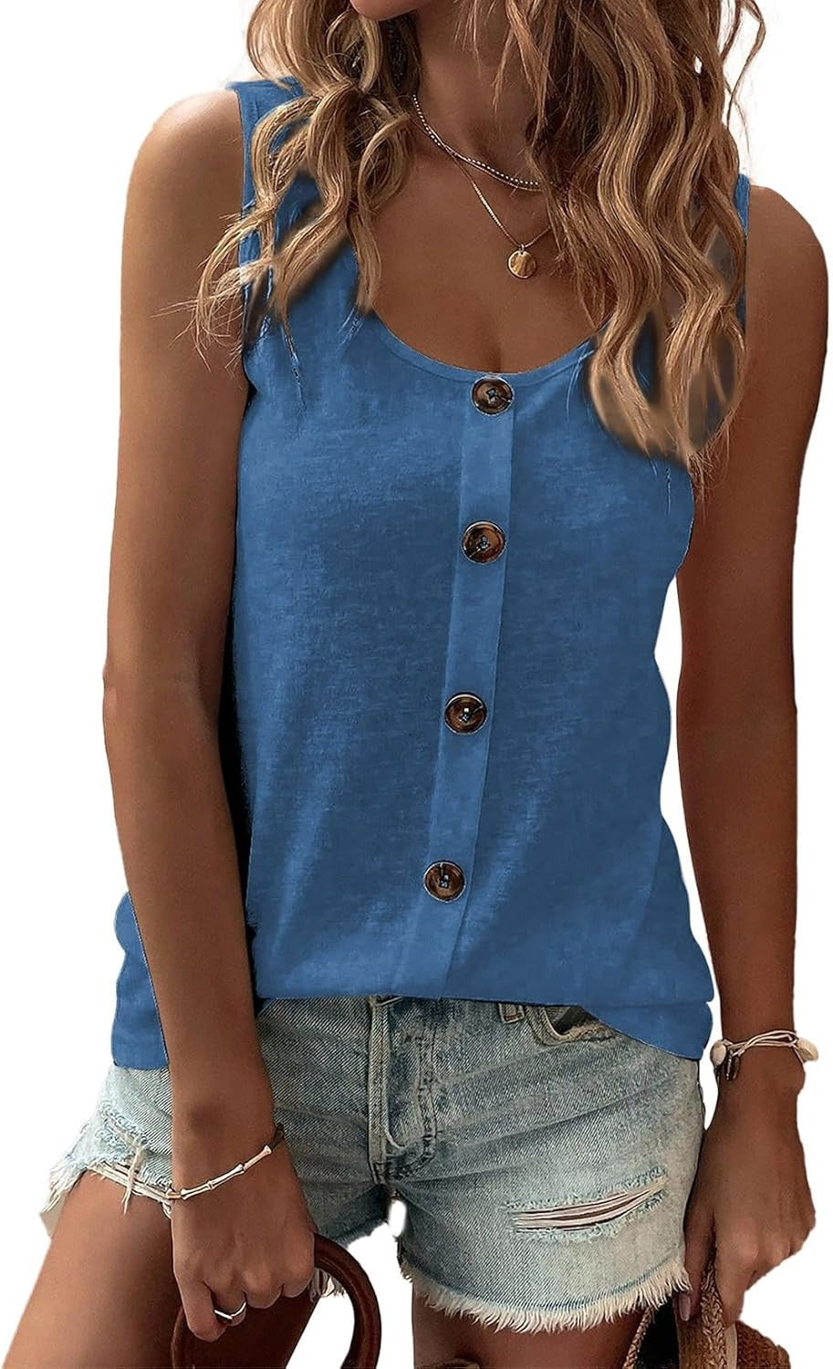 Womens Summer Loose Fit Solid Button Crewneck Sleeveless