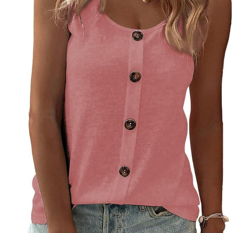 Womens Summer Loose Fit Solid Button Crewneck Sleeveless