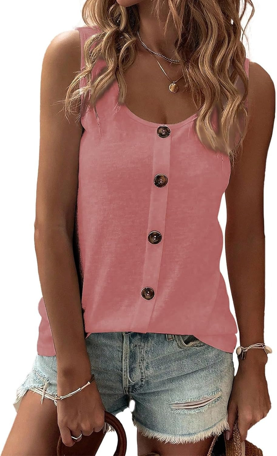 Womens Summer Loose Fit Solid Button Crewneck Sleeveless