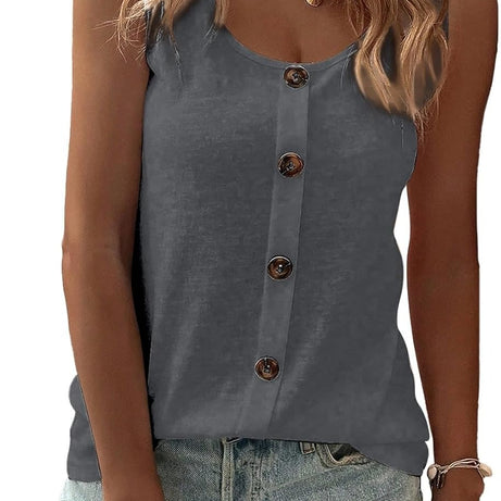 Womens Summer Loose Fit Solid Button Crewneck Sleeveless