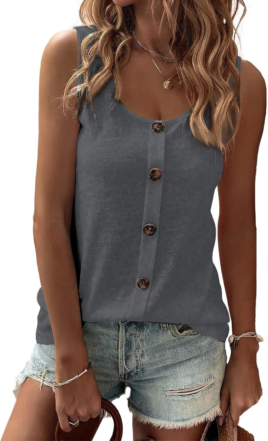 Womens Summer Loose Fit Solid Button Crewneck Sleeveless