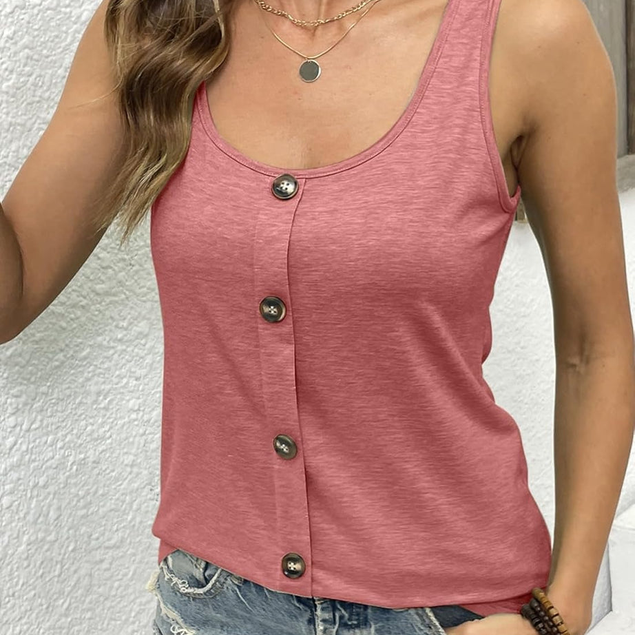 Womens Summer Loose Fit Solid Button Crewneck Sleeveless