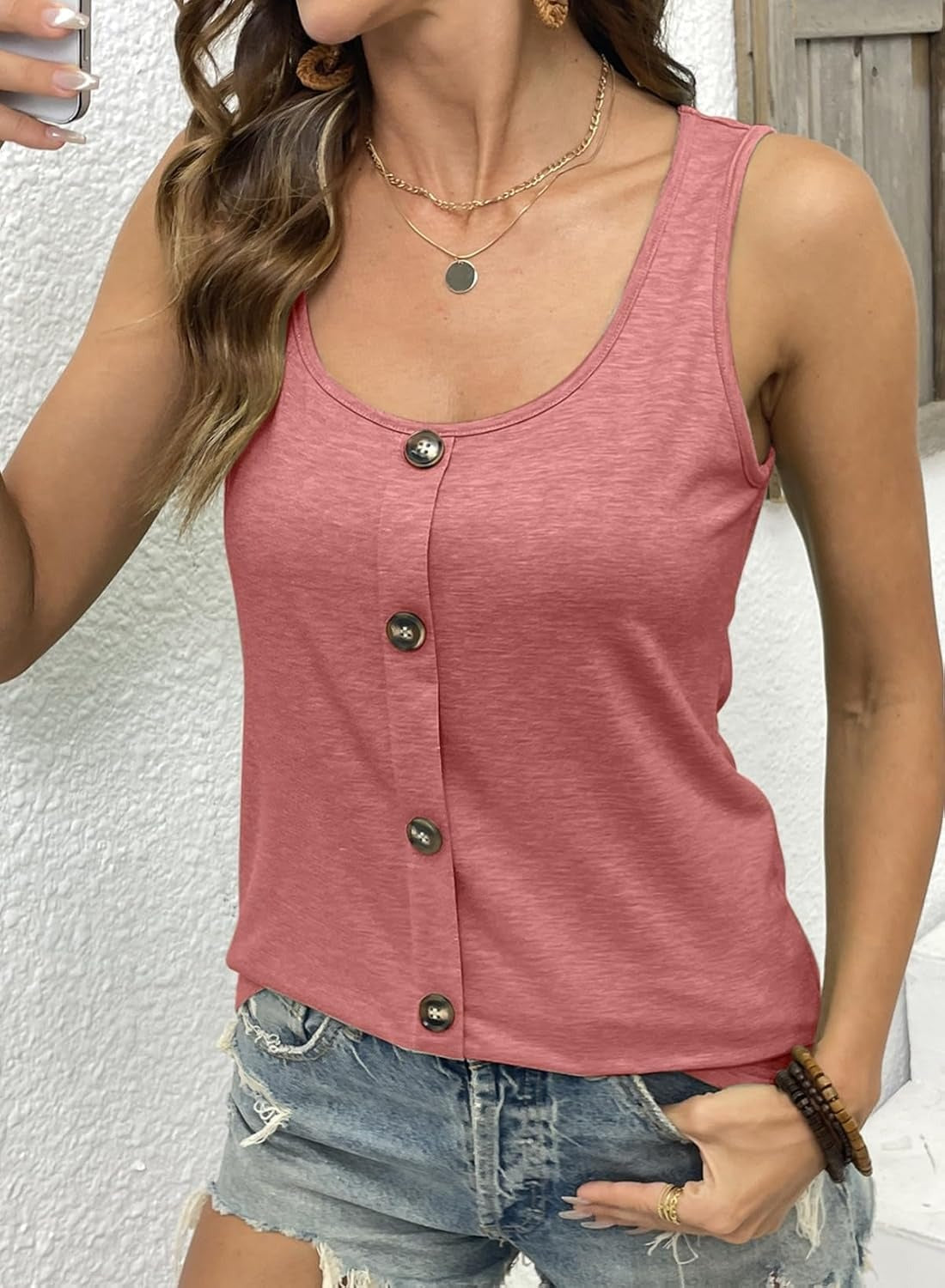 Womens Summer Loose Fit Solid Button Crewneck Sleeveless