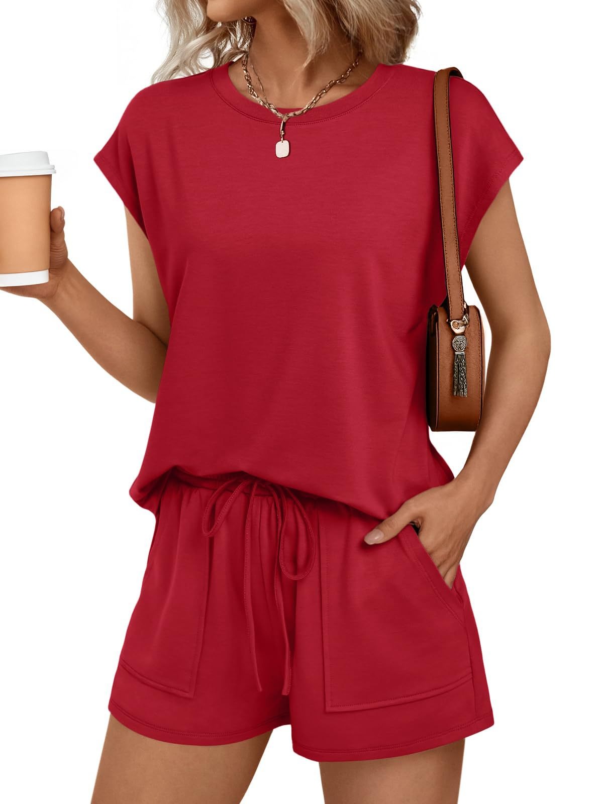 Womens Summer Cap Sleeve Tops and Shorts Lounge Set