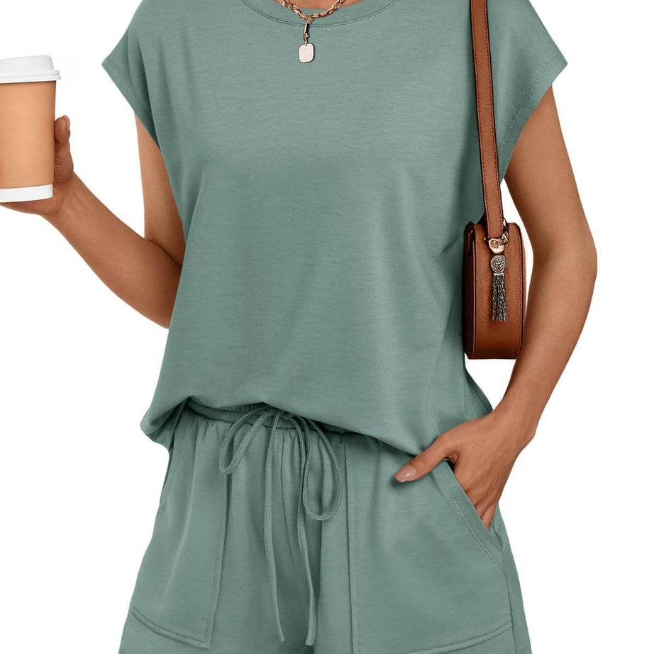 Womens Summer Cap Sleeve Tops and Shorts Lounge Set