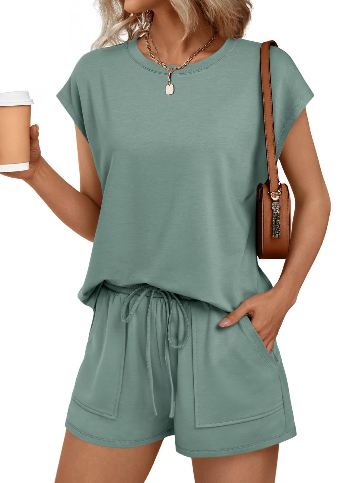 Womens Summer Cap Sleeve Tops and Shorts Lounge Set