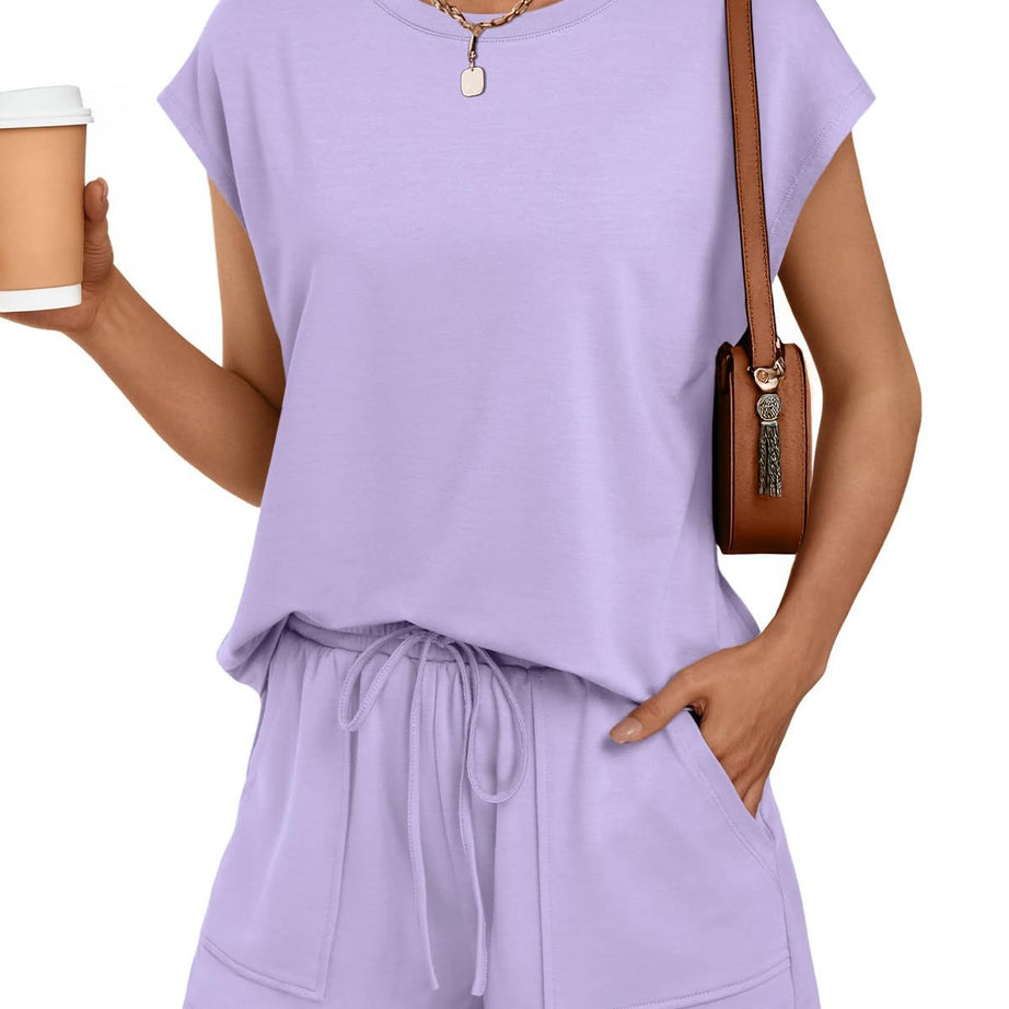 Womens Summer Cap Sleeve Tops and Shorts Lounge Set