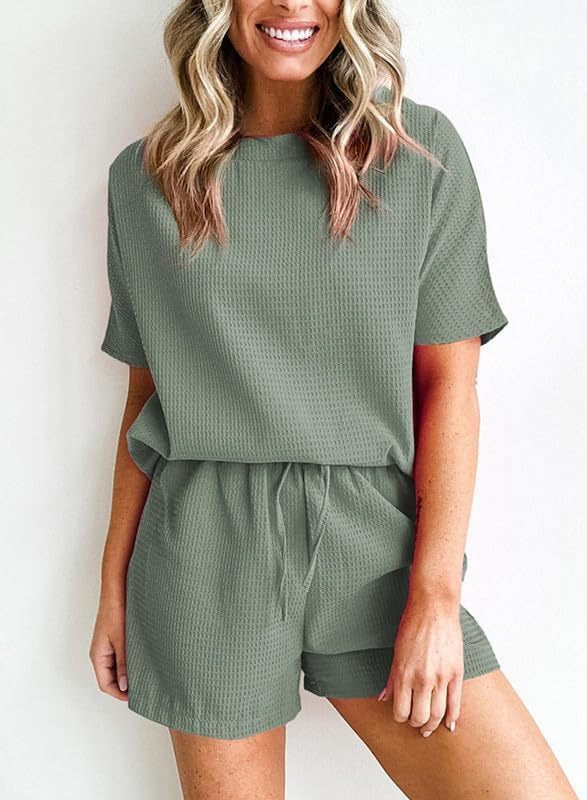 Womens Waffle Knit Lounge Loungewear Sweatsuit 2 Piece Sets