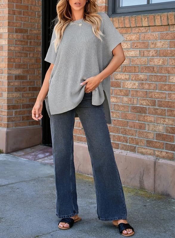 Womens Summer Lightweight Crewneck Short Sleeve Sweaters