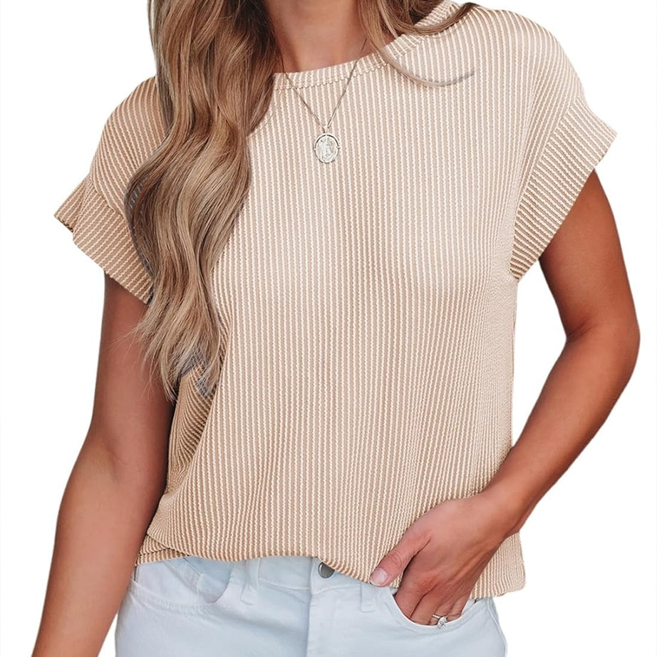 Womens Summer Cute Casual Crewneck Cap Sleeve Loose Knitted Blouses