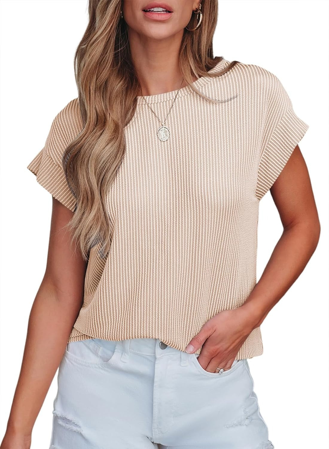 Womens Summer Cute Casual Crewneck Cap Sleeve Loose Knitted Blouses