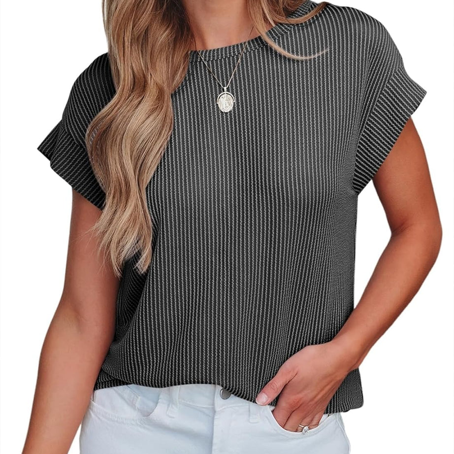Womens Summer Cute Casual Crewneck Cap Sleeve Loose Knitted Blouses