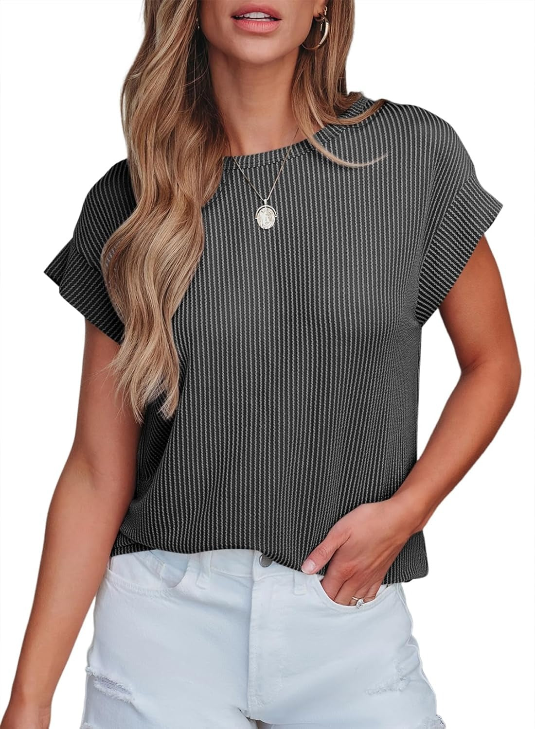 Womens Summer Cute Casual Crewneck Cap Sleeve Loose Knitted Blouses