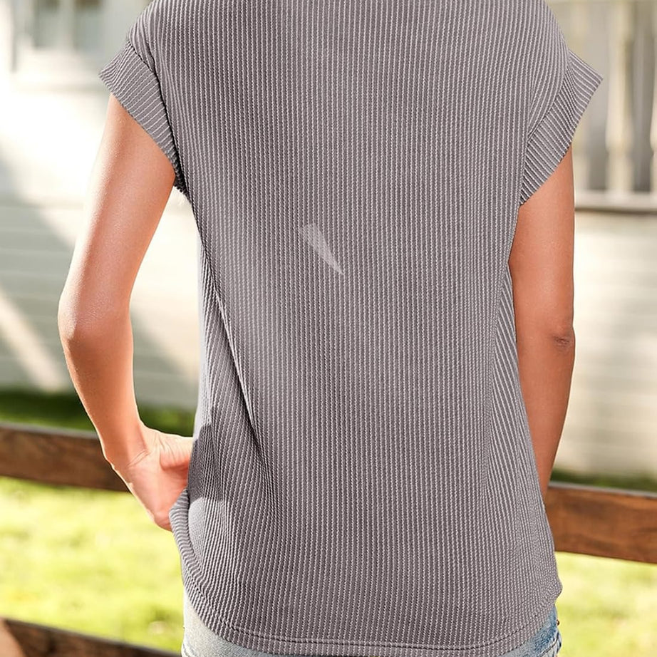 Womens Summer Cute Casual Crewneck Cap Sleeve Loose Knitted Blouses