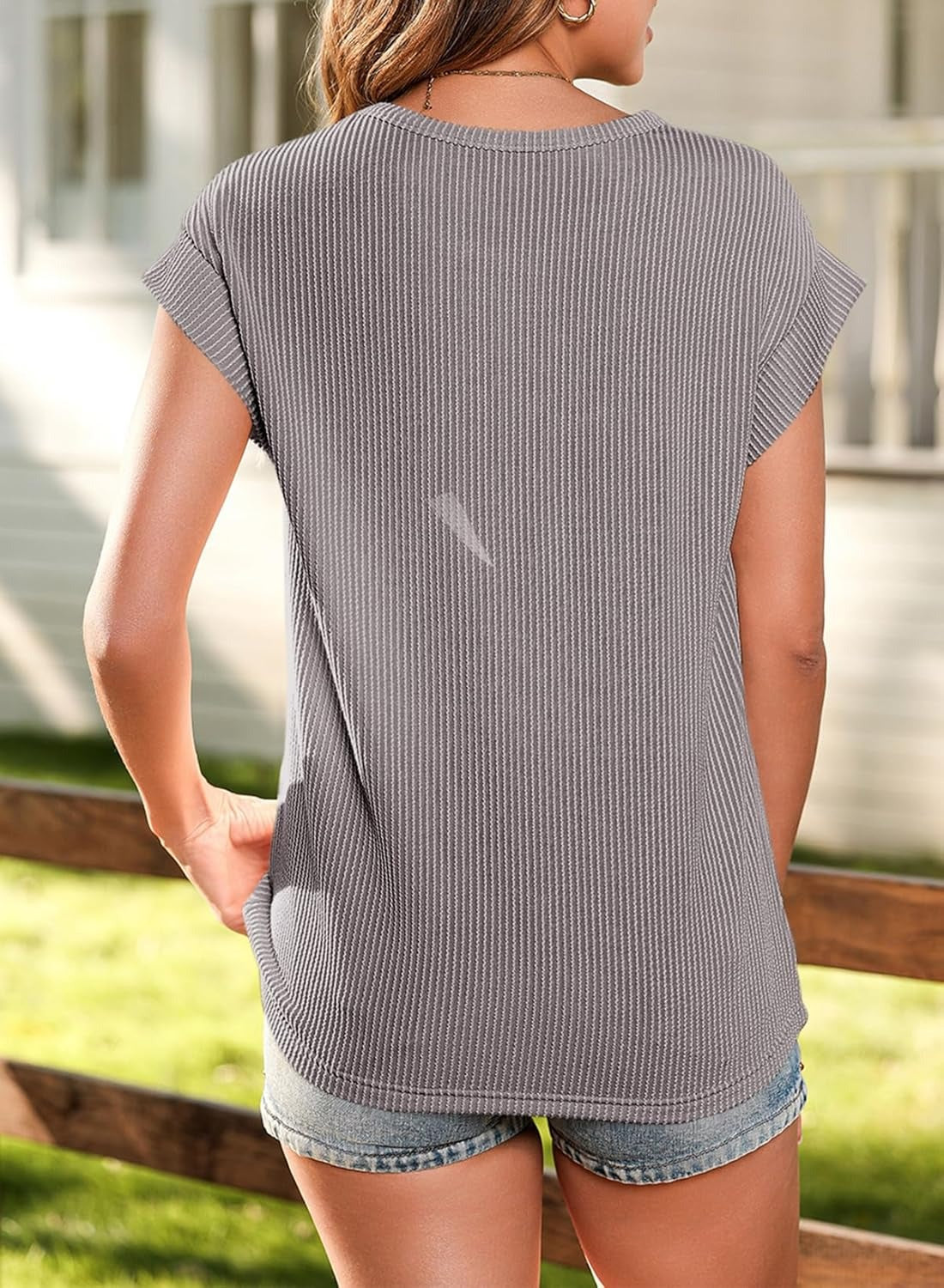 Womens Summer Cute Casual Crewneck Cap Sleeve Loose Knitted Blouses
