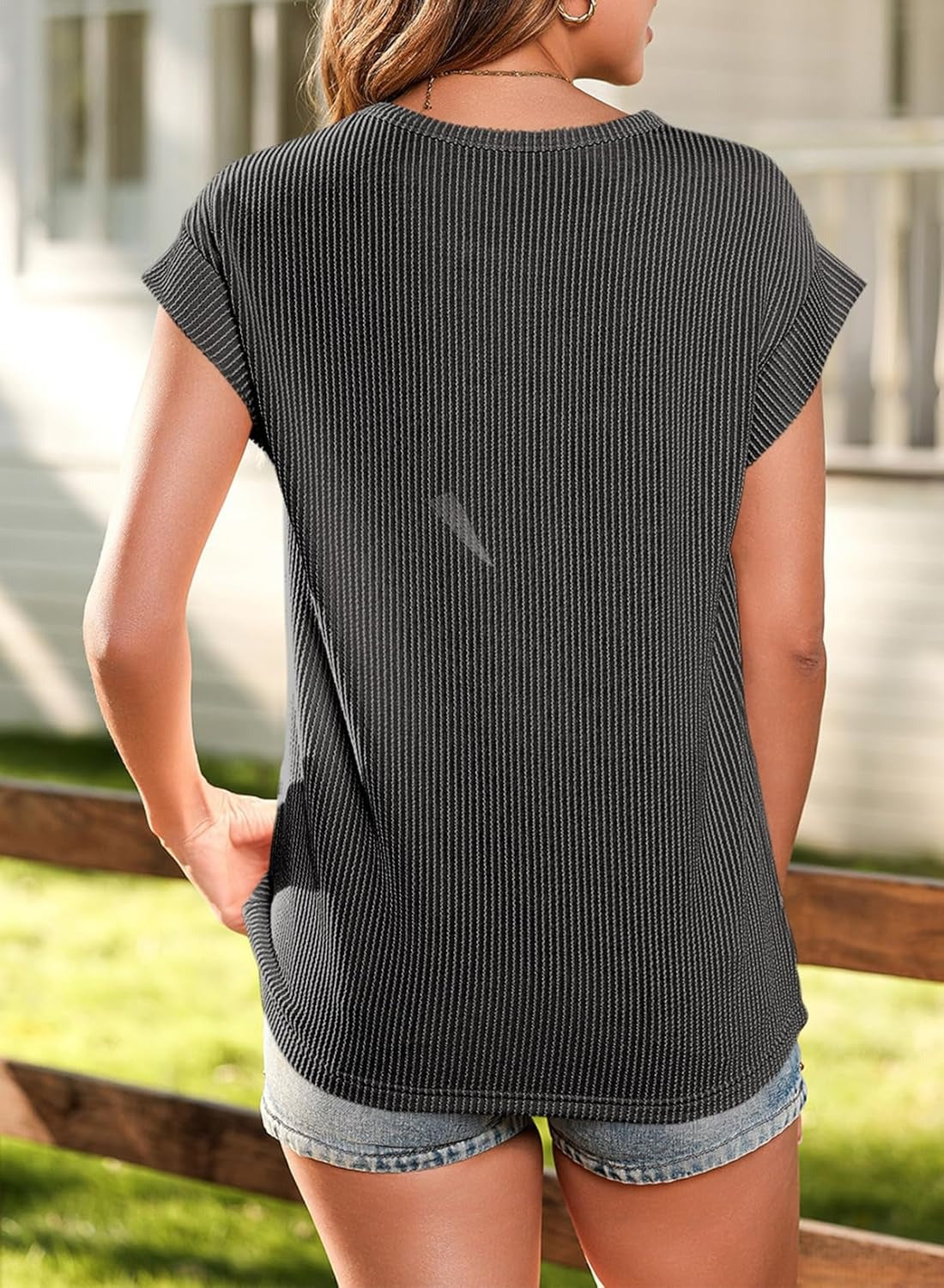 Womens Summer Cute Casual Crewneck Cap Sleeve Loose Knitted Blouses