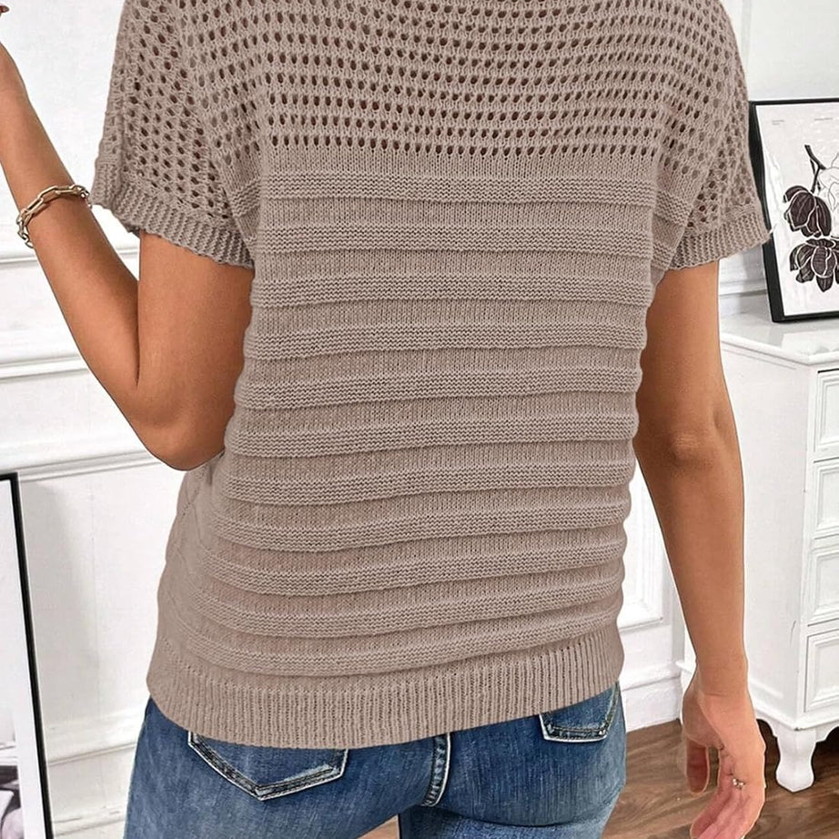 Womens Summer Knit Hollow Out Crew Neck Short Sleeve Shirts