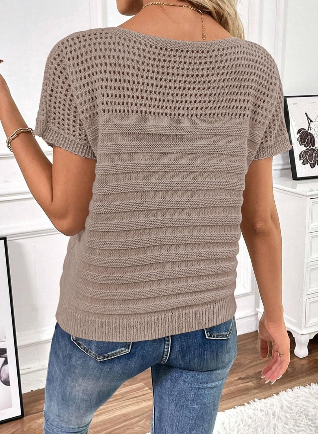 Womens Summer Knit Hollow Out Crew Neck Short Sleeve Shirts